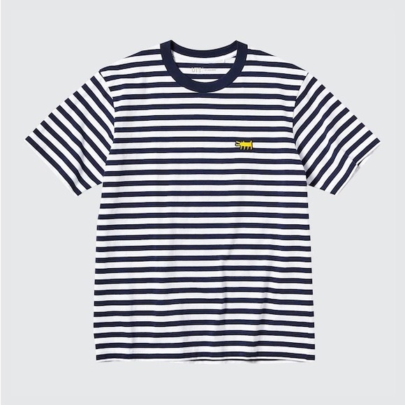 Uniqlo x Kieth Harring Navy Striped Men's Shirt w/ embroidered Design - Picture 1 of 6